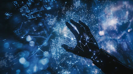 Futuristic hand interacting with binary data and digital interface in a high-tech environment