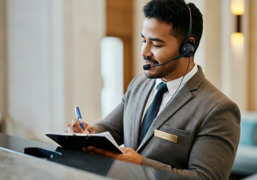 Male hotel receptionist wearing suit and headset taking notes on clipboard in lobby - Powered by Adobe