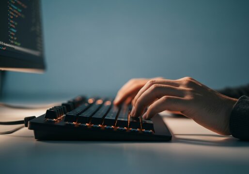 Close-up of hands typing on backlit mechanical keyboard in dimly lit workspace
