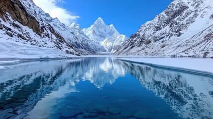 Obraz premium Turquoise glacial lake nestled between steep snow-covered peaks, perfect reflection of the mountains in the crystal-clear water