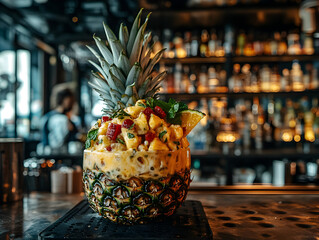 A tropical Piña Colada served in a hollowed-out pineapple.