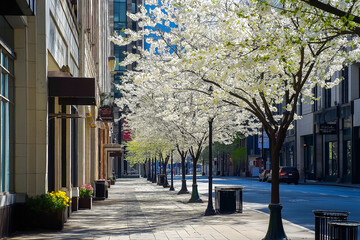 Spring urban Landscape with beautiful flowering trees