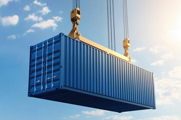Fototapeta premium Blue Shipping Container Being Lifted by Crane, Sky Background
