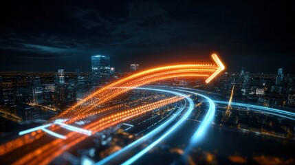 Dynamic traffic flow visualization urban cityscape digital art nighttime environment aerial view modern technology concept