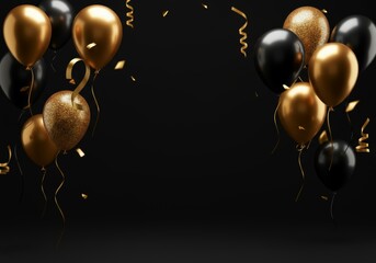Elegant black and gold balloons with glitter and confetti on dark background