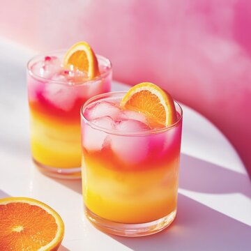 Sunset-inspired mocktails, vibrant layered drinks in pink, orange, and yellow Colorful cocktails with orange slices on ice
