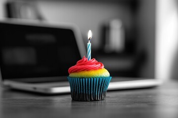 Birthday cupcake on a desk with laptop