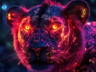 A lion in a futuristic wildlife reserve with glowing neon fur and holographic markings, blending nature and technology, Fantasy, Digital Art, Bright and vivid