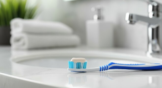 Blue toothbrush with toothpaste on bristles on white bathroom sink near towels and faucet
