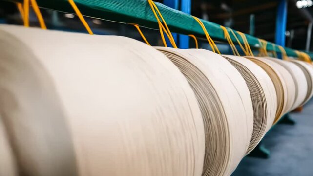 Explore the intricate process of textile production in a manufacturing facility showcasing rolls of yarn