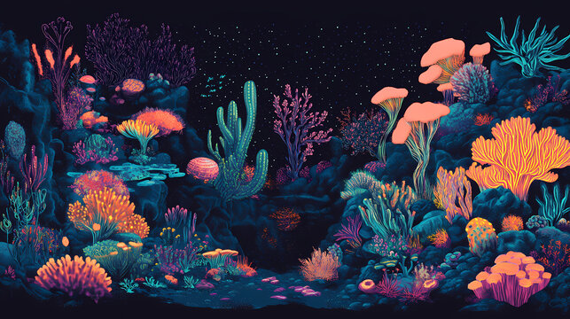 A surreal coral reef illuminated by bioluminescent fish, adorned with neon plants and resting on a dark ocean floor. Bioluminescent Coral Reef. Illustration