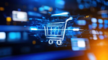 Launching a digital shopping cart e-commerce platform graphic design futuristic environment abstract viewpoint online retail concept
