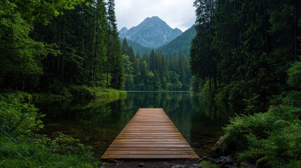 A wooden pier extends towards a mountain across serene lake water