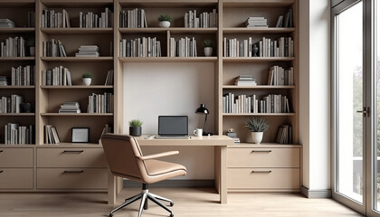 Modern office workspace with bookshelves and plants