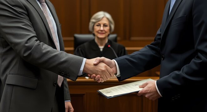 Two business professionals shake hands, signifying a successful legal agreement or significant resolution, under the watchful gaze of a presiding judge in a formal courtroom setting