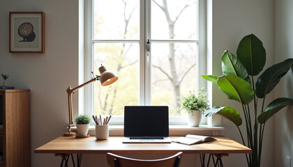 Fototapeta premium Bright workspace with laptop and green plants by window