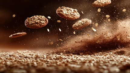 Oatmeal cookies in mid-air over a bed of oats