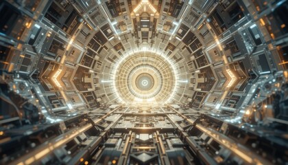 Fototapeta premium Futuristic Sci Fi Tunnel Corridor Digital Art Abstract Background Golden Lights Technology