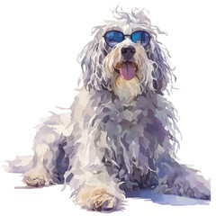 Bergamasco Sheep Dog Wearing Stylish Sunglasses Smiling Brightly in a Sunny Outdoor Setting Showcasing Its Unique Coat and Playful Personality Perfect for Pet Lovers and Dog Enthusiasts