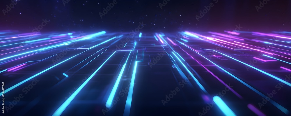 Aufkleber illuminated neon lines create a grid pattern under a starry sky