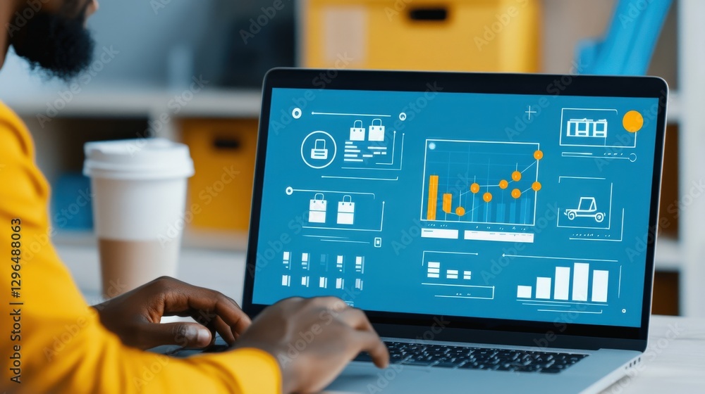 Poster data analysis trends office setting digital graphs modern workplace close-up view business insights