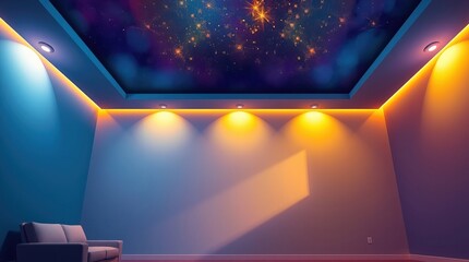 A room features a cosmicthemed ceiling, illuminated by recessed and cove lighting. Warm and cool tones accentuate the walls, complementing a small sofa.