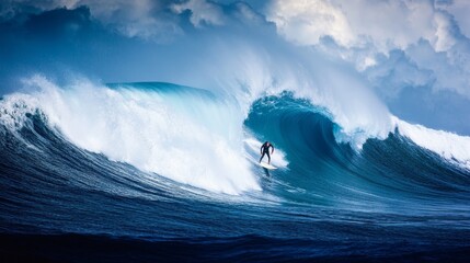 Surfer riding the crest of high waves  a thrilling display of skill and nature s power