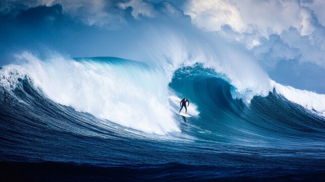 Surfer riding the crest of high waves  a thrilling display of skill and nature s power