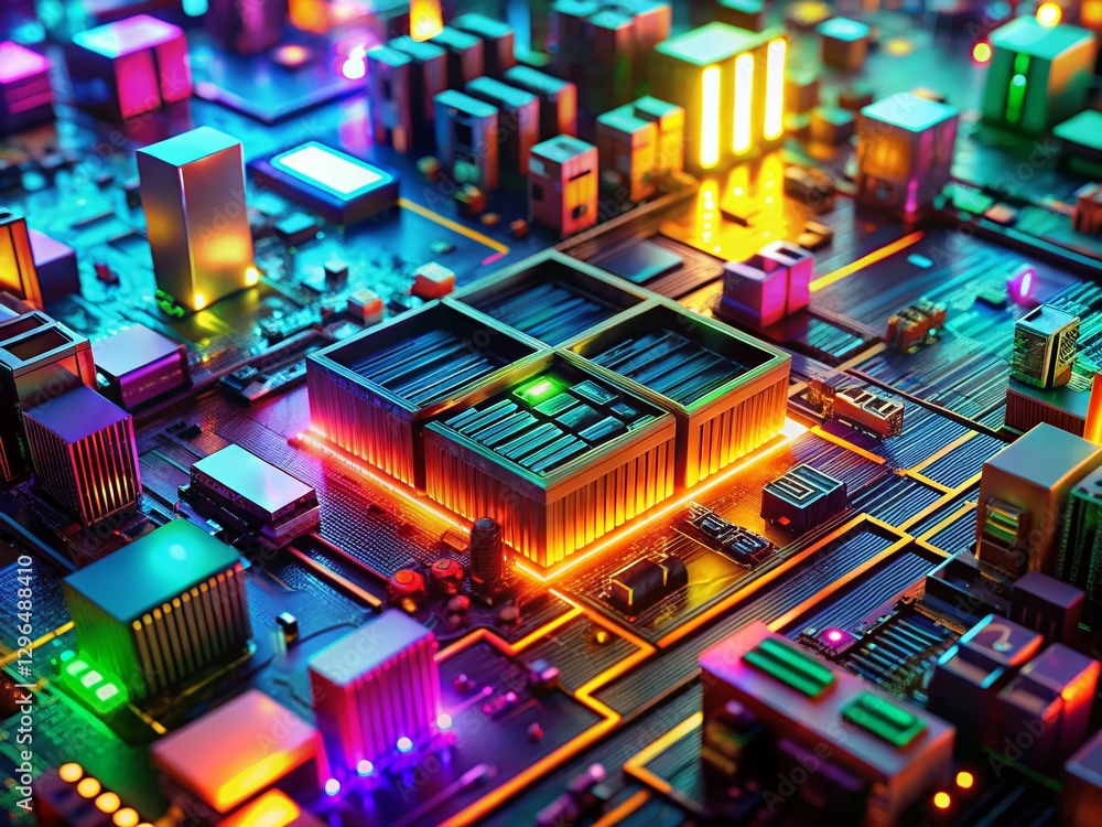 Poster futuristic tech hardware: drone aerial view of multicolored circuit boards & ai components