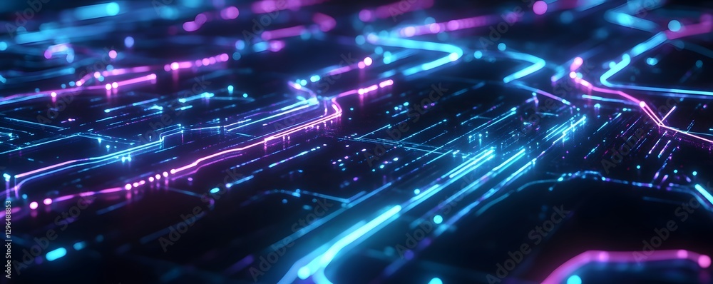 Poster glowing neon lines create a futuristic circuit board pattern