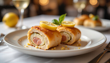 Elegant gourmet chicken cordon bleu on dining table, refined cuisine