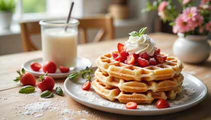Delicious Liege waffles with strawberries and cream, inviting breakfast