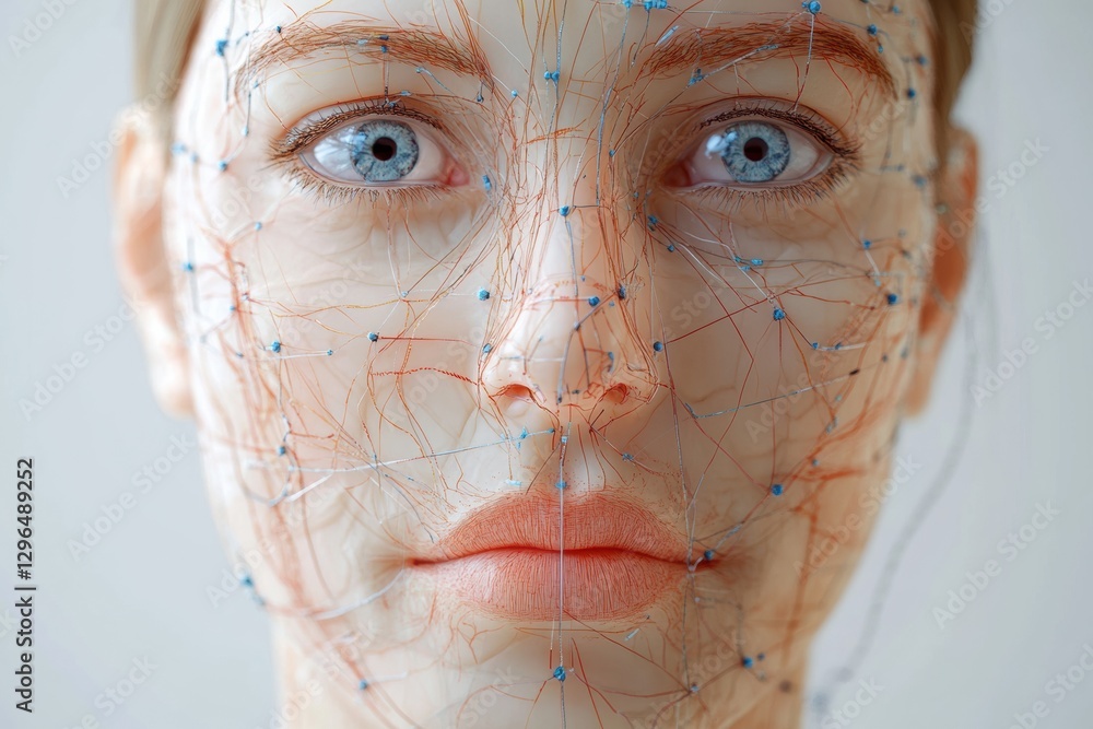 Poster detailed medical illustration of a female face with botox injection points and precise anatomical ma