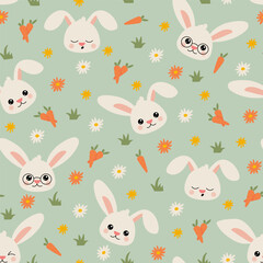 A seamless pattern featuring a cute bunny, bright carrots, and delicate flowers. Perfect for Easter, kids' prints, textiles, and festive designs. 