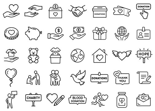 Collection of charity icons on transparent background