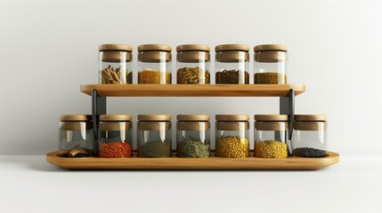 A contemporary spice rack with neatly labeled glass jars, isolated on a clean white background in ultra-realistic detail.