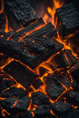 Glowing embers burning intensely, radiating warmth and light, capturing the mesmerizing beauty and raw energy of fire in a dark setting