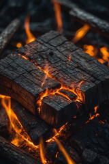 Glowing embers burning intensely, radiating warmth and light, capturing the mesmerizing beauty and raw energy of fire in a dark setting