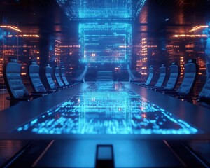 Obraz premium A negotiation table with glowing holographic terms and conditions floating above