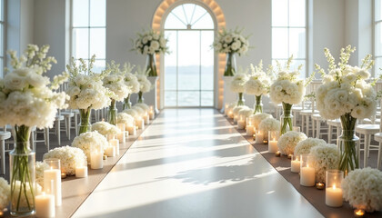 Elegant wedding ceremony setup with white flowers and candles