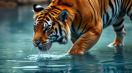 Fototapeta premium Tiger Drinking Water Calmly From Lake with Ripple Effects Around Animal