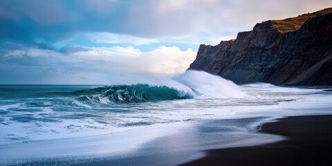 Obraz premium Waves crashing against towering sea cliffs, dramatic ocean spray misting the air, rugged and untamed coastal beauty