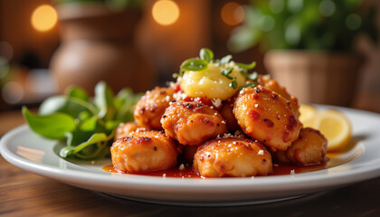 Delicious gnocchi in rich tomato sauce, cozy restaurant ambiance
