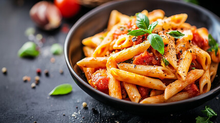 Delicious penne pasta with tomato sauce and basil garnish red eat food meal herb bowl dish lunch