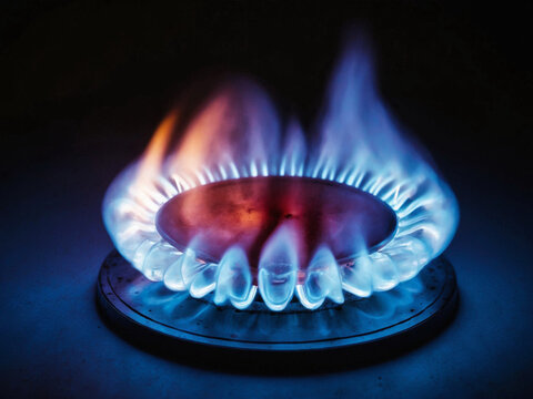 Natural Gas. High prices of natural gas. Blue flames of gas burning from a kitchen gas stove. Energy crisis concept background. Cooker with burning fire propane.