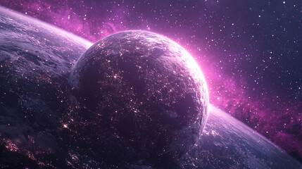 Obraz premium Stunning purple planet cosmic landscape with glowing stars and nebula sky art dark space night light