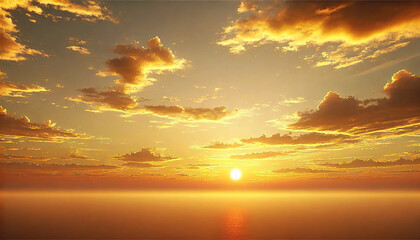 16:9 Widescreen : Sunset sky with soft clouds. Realistic image with soft yellow and orange tones. The sun is setting gently, casting a warm golden glow. Scattered clouds create a peaceful and natural.