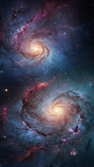 The image depicts two spiral galaxies set against a dark cosmic backdrop.