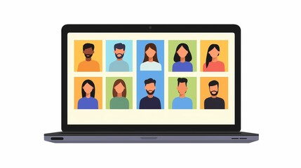 laptop with social network concept showing an online meeting for many people online