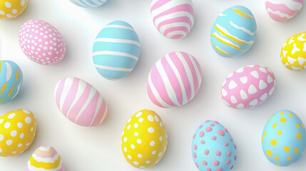 Obraz premium Colorful Easter eggs with various patterns displayed on a white surface during spring festivities